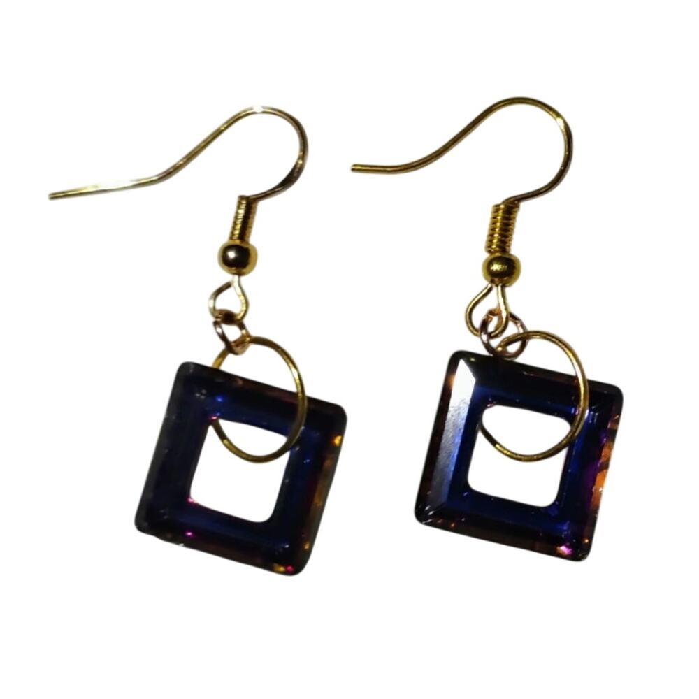 Swarovski Crystal Dangling 14mm "Cosmic Squares" Gold Handmade Fishhook Earrings